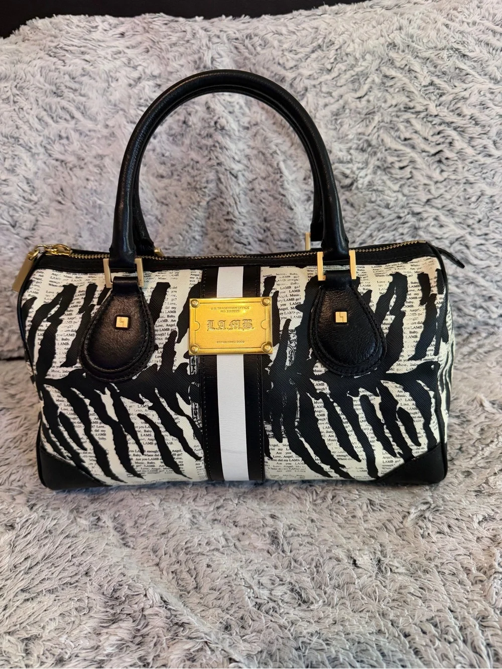 L.A.M.B. Black and White Zebra Stripe Satchel with Gold Plaque